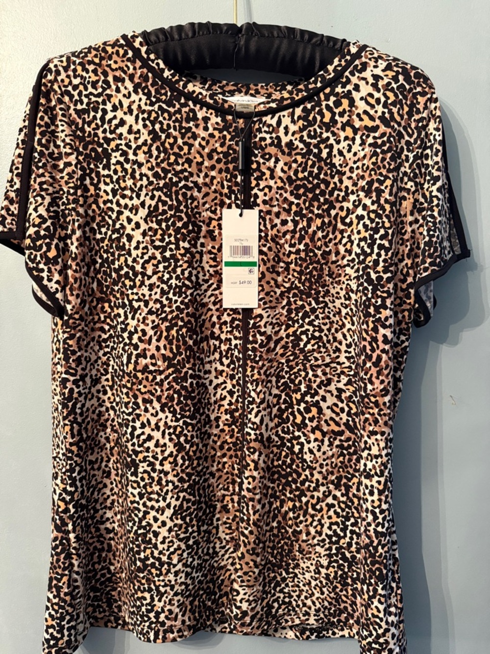 Calvin Klein Leopard Print Short Sleeve Tee with Black Trim